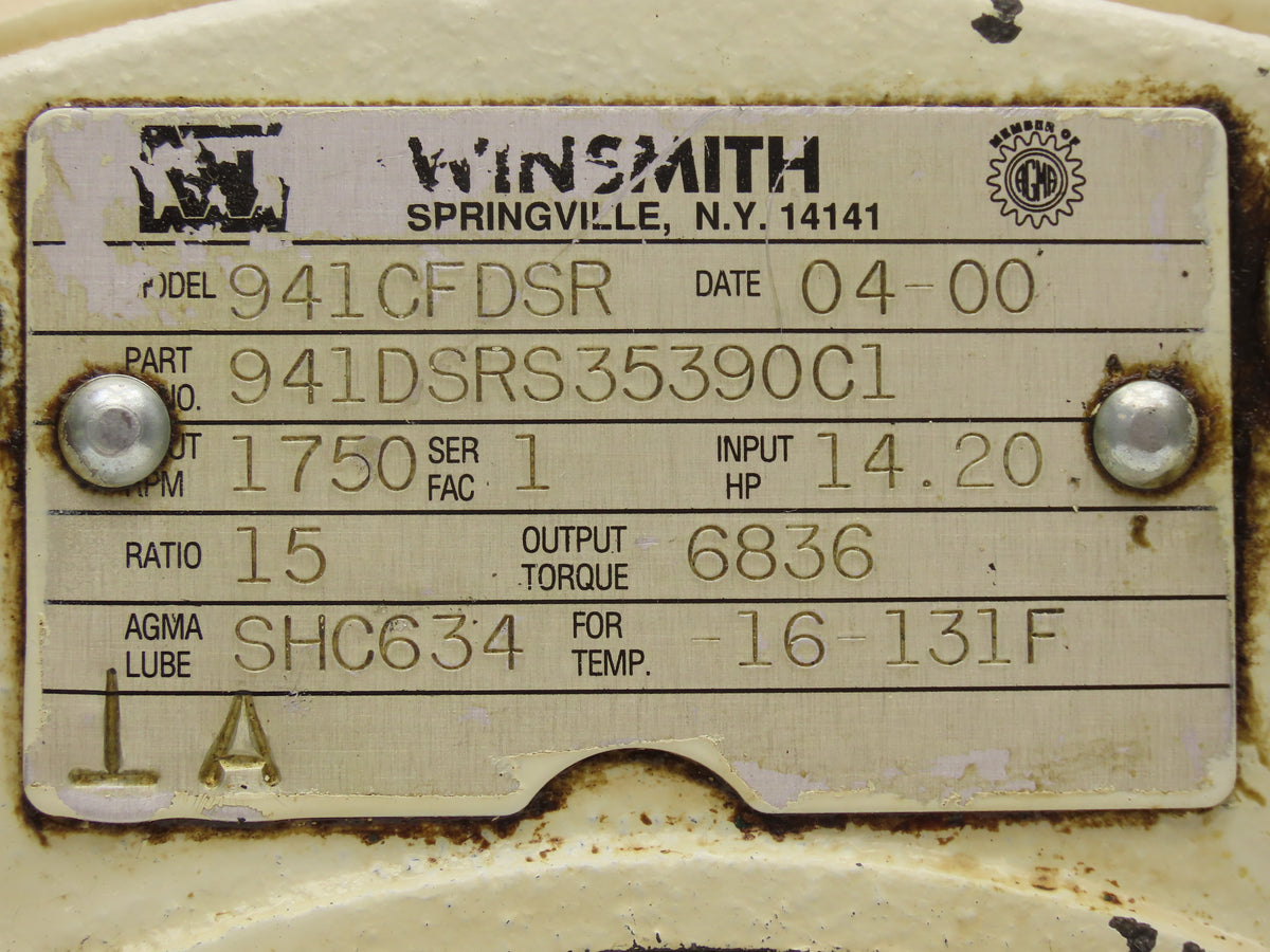 Winsmith 941CFDSR Worm Gearbox 15:1 Ratio 116rpm 14.2Hp Hollow Shaft 213/215TC