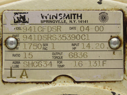 Winsmith 941CFDSR Worm Gearbox 15:1 Ratio 116rpm 14.2Hp Hollow Shaft 213/215TC