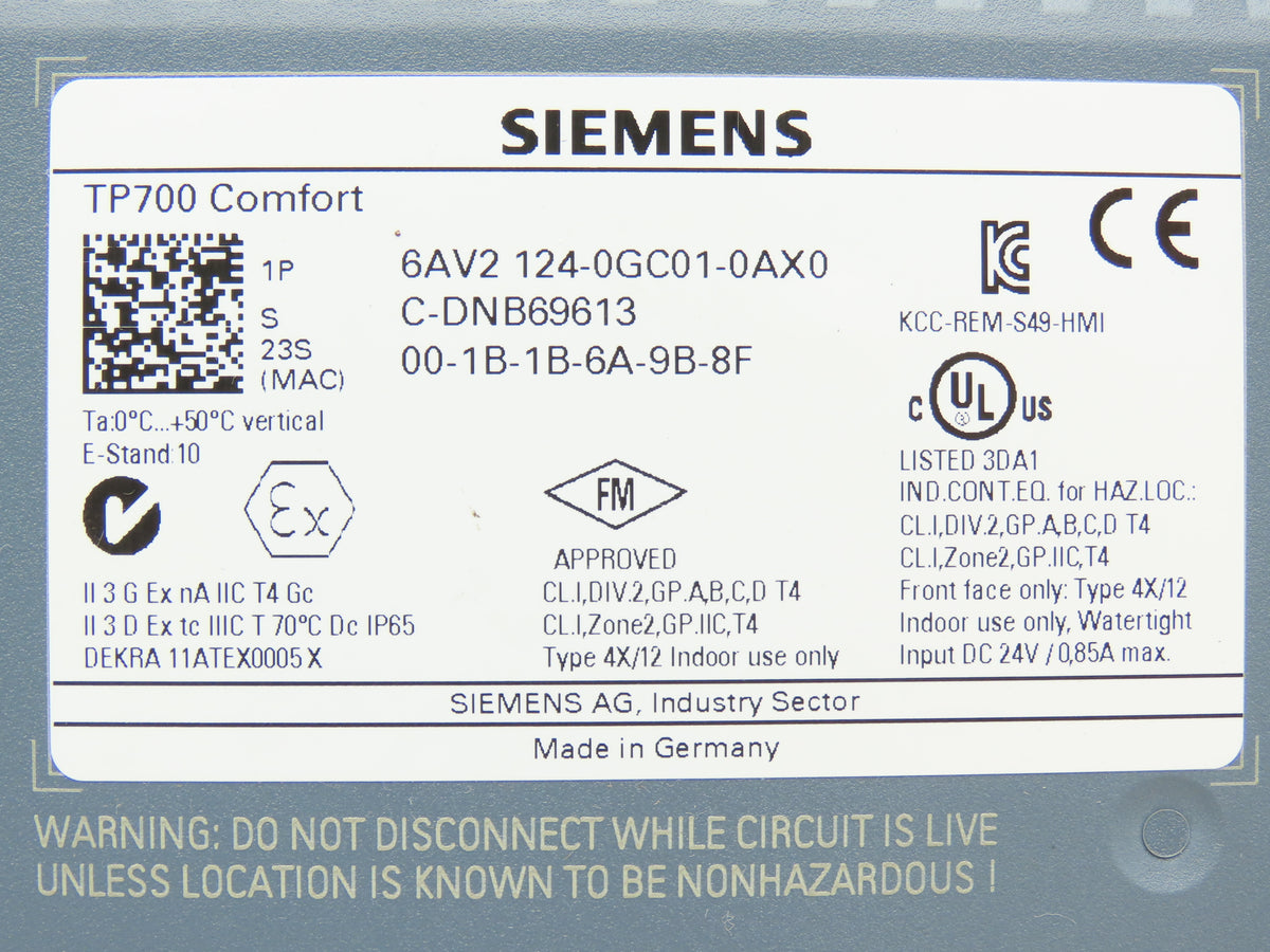 Siemens 6AV2 124-0GC01-0AX0 SIMATIC HMI TP700 Comfort Touch Panel 7" Widescreen