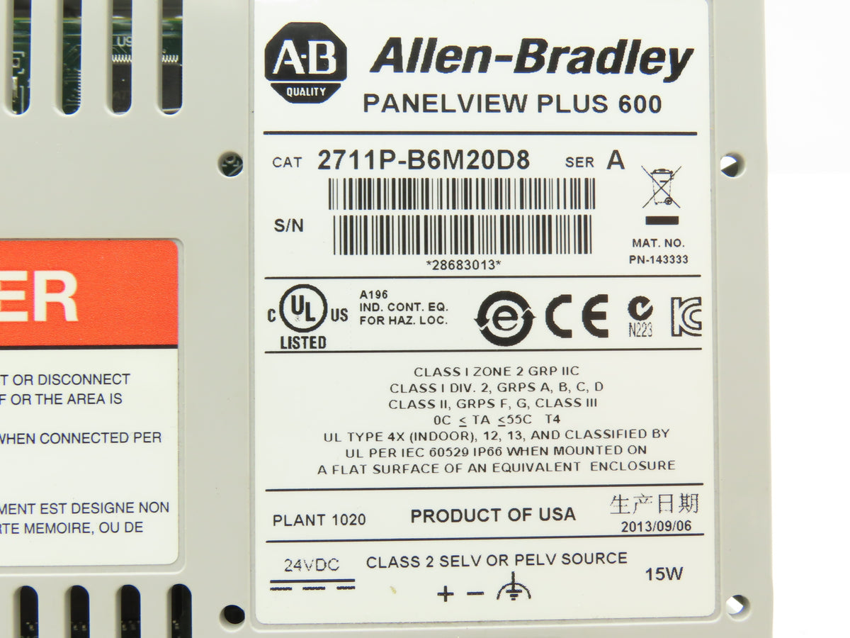 Allen Bradley 2711P-B6M20D8 PanelView Plus 600 Graphic Operator Touch Terminal