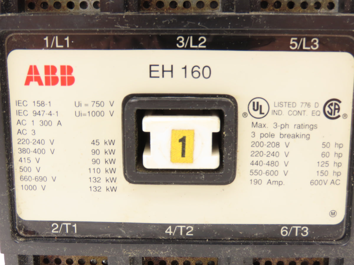 ABB EH160 3 Pole Motor Starter Contactor 190A 150Hp 600VAC 3Ph 120V Coil