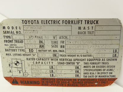 Toyota 5FBGCU18 Electric Forklift Hydraulic Brake Pedal Master Cylinder Assembly