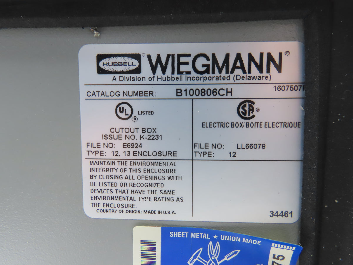 Wiegmann B100806CH Electrical Enclosure JIC Control Panel 10x8x6" Wall Mount