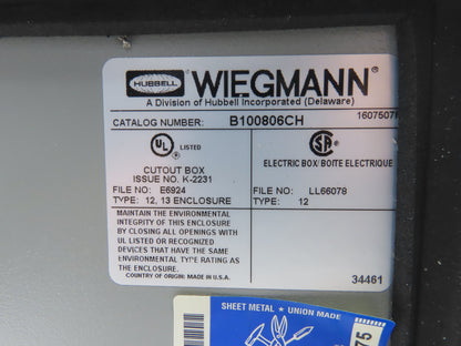 Wiegmann B100806CH Electrical Enclosure JIC Control Panel 10x8x6" Wall Mount