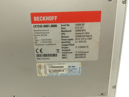 Beckhoff CP7242-0001-0000 15" Touch Panel PC Celeron 1.8GHz 1024MB 32GB SSD 24V