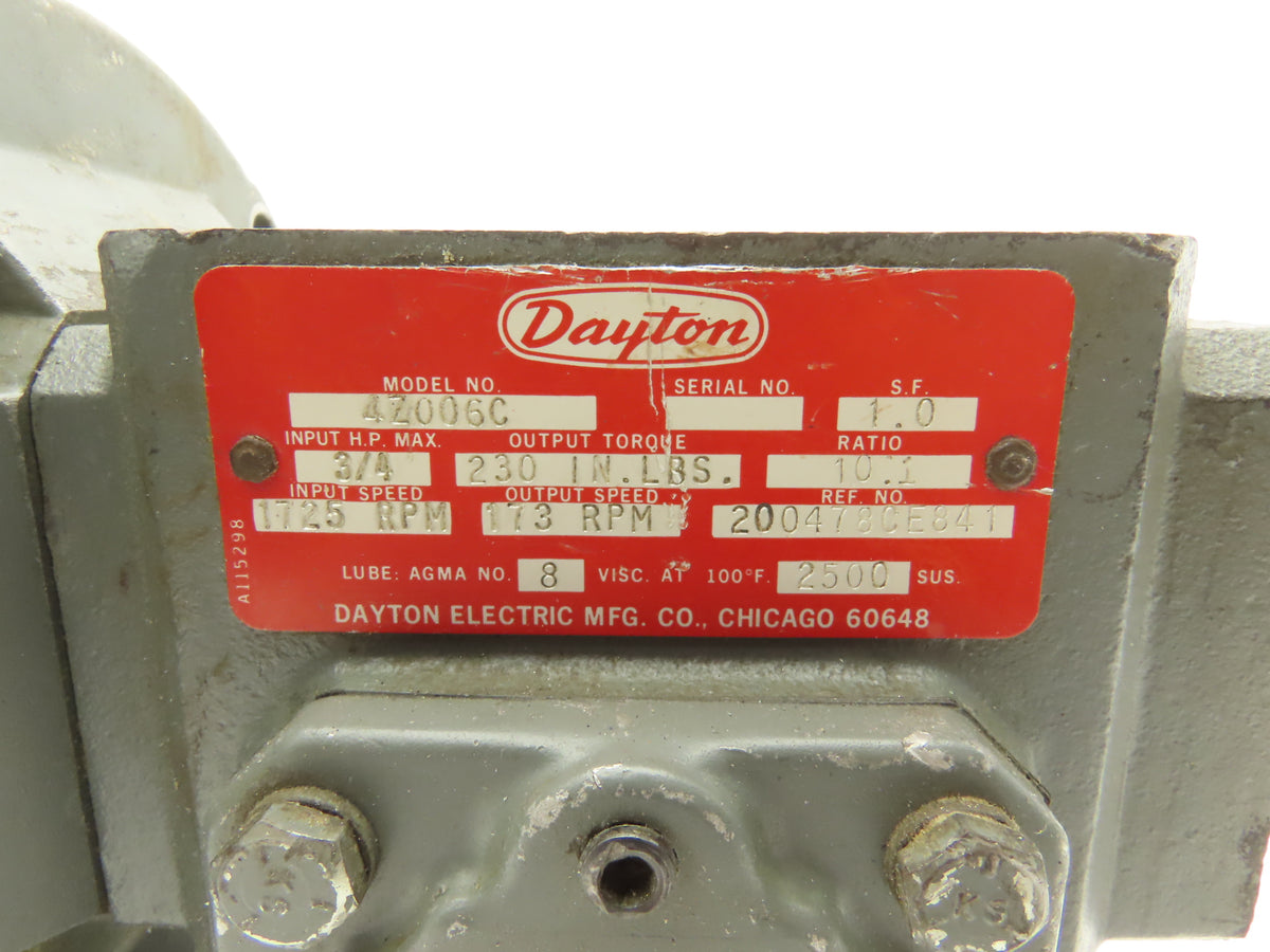 Dayton 4Z006C Worm Gearbox 10:1 Reducer 173rpm 3/4Hp 56C LH Output 5/8" Shaft