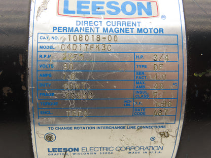 Leeson 108018-00 C4D17FK3C DC Motor 3/4Hp 1750rpm 90VDC XS56C Permanent Magnet