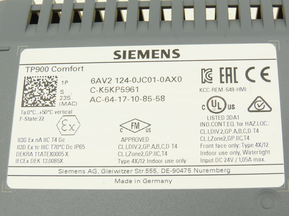 Siemens 6AV2 124-0JC01-0AX0 Simatic HMI Touch Screen TP900 Comfort Panel 24VDC