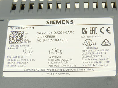 Siemens 6AV2 124-0JC01-0AX0 Simatic HMI Touch Screen TP900 Comfort Panel 24VDC