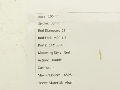 SMC CP96SDB100-50C Pneumatic Cylinder 100mm Bore 50mm Stroke 1/2"BSPP 145PSI