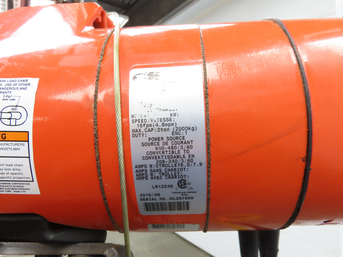 CM Lodestar Model RRS 2 Ton 4000lb Electric Chain Hoist 22' Lift 16 FPM 3PH 480V