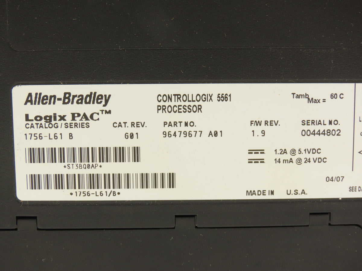 Allen Bradley 1756-L61 ControlLogix 5561 PLC Processor Logix5561 F/W 1.9 Ser B