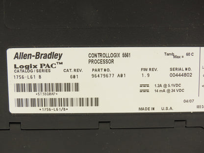 Allen Bradley 1756-L61 ControlLogix 5561 PLC Processor Logix5561 F/W 1.9 Ser B