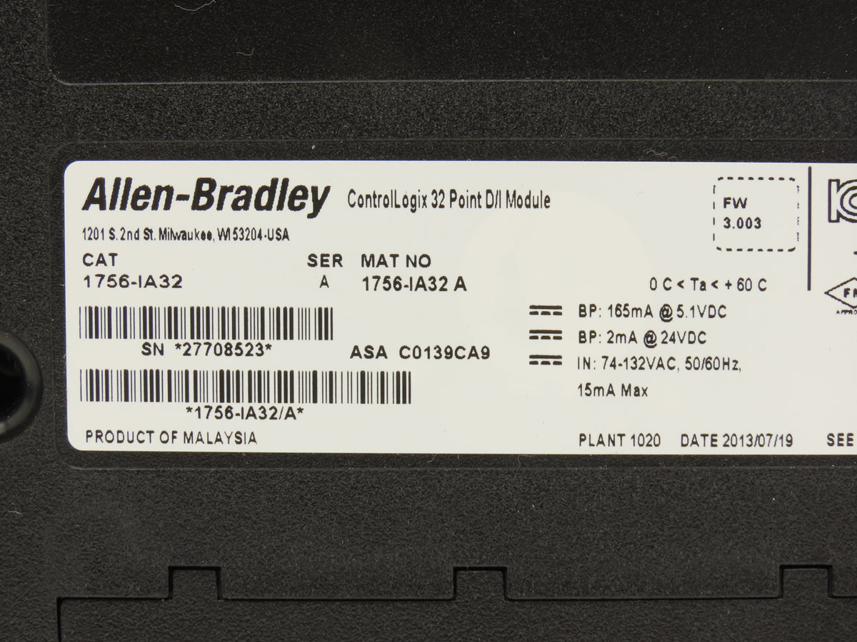 Allen Bradley 1756-IA32 Controllogix AC Input Module 32 Point F/W 3.003 Ser A
