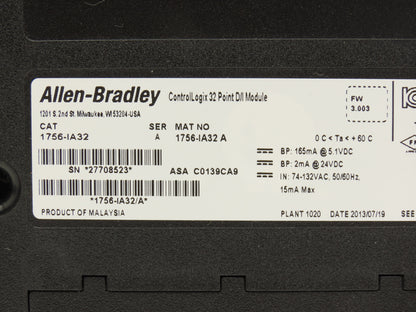 Allen Bradley 1756-IA32 Controllogix AC Input Module 32 Point F/W 3.003 Ser A