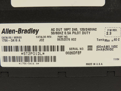 Allen Bradley 1756-OA16/A ControlLogix PLC 120/240VAC Output Module 16PT Rev 2.3