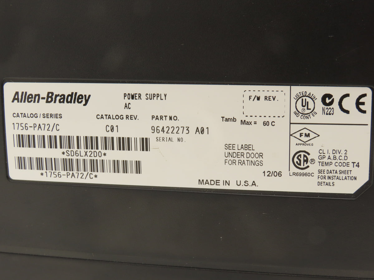 Allen Bradley 1756-A10 I/O 10 Slot Rack Chassis & Power Supply 1756-PA72