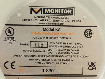 Monitor KA 1-8301-1 Rotary Paddle Bin Level Indicator 115 VAC w/Scimitar Paddle