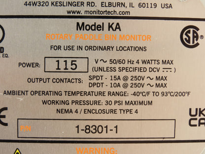 Monitor KA 1-8301-1 Rotary Paddle Bin Level Indicator 115 VAC w/Scimitar Paddle