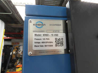 Kaishan KRSD-15VSD Rotary Screw Air Compressor 62CFM 125PSIG 15HP 480V 120G Tank