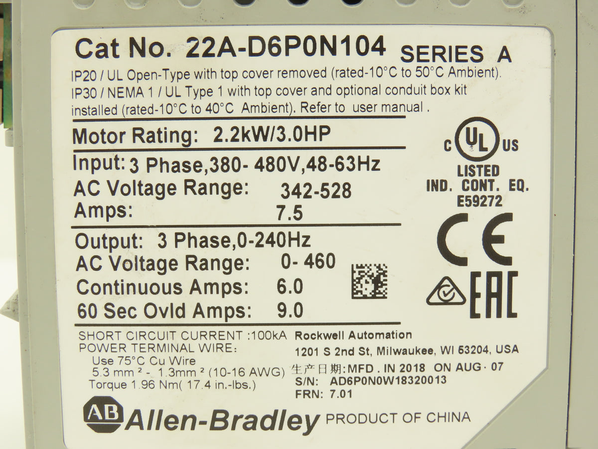Allen Bradley 22A-D6P0N104 PowerFlex 4 Variable Speed AC Drive VFD 3Hp 480V 3PH