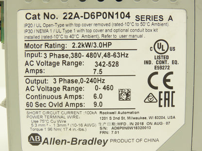 Allen Bradley 22A-D6P0N104 PowerFlex 4 Variable Speed AC Drive VFD 3Hp 480V 3PH