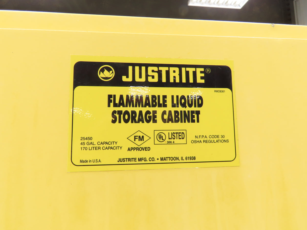 Justrite 25450 Yellow Flammable Safety Cabinet Manual Close 45 Gallon Liquid