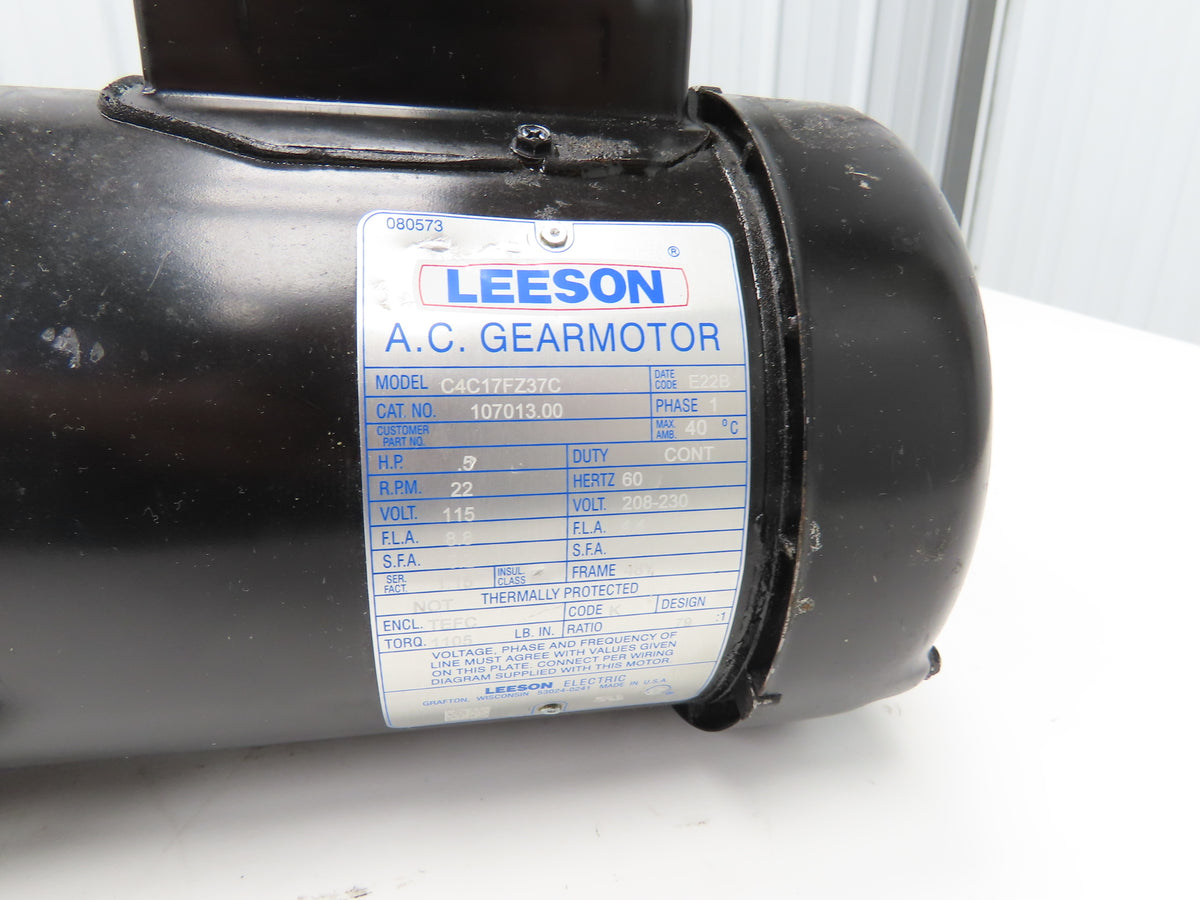 Leeson 107013.00 C4C17FZ37C AC Gearmotor 79:1 Ratio 22rpm .5Hp 115/230V 1PH 48Y