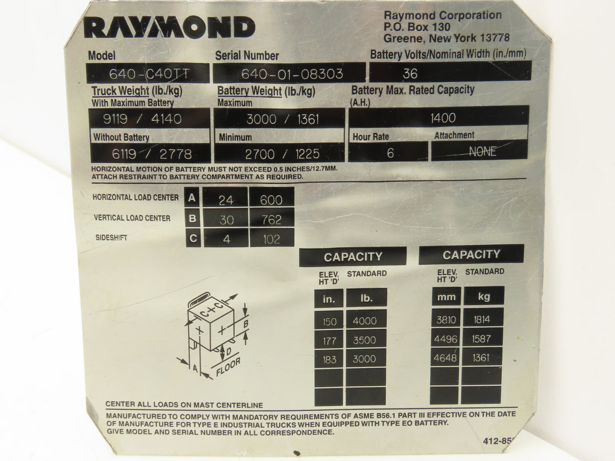 Raymond Forklift Hydraulic Manifold Block Assembly Removed From 640-C40TT