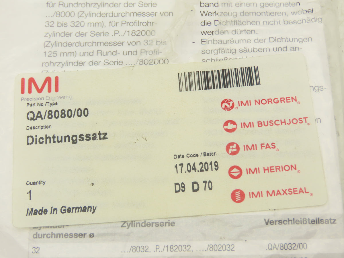 Norgren QA/8080/00 Service Repair Kit DA/8000, 80mm Bore Seals & O-Rings