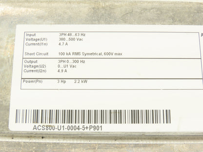 ABB ACS800-U1-0004-5+P901 AC Drive Variable 3 HP 2.2 kW 500V 3PH 19A VFD