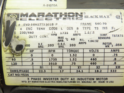 Marathon 56H17T5301B Black Max AC Motor .5Hp 1735rpm 230/460V 56C Inverter Duty
