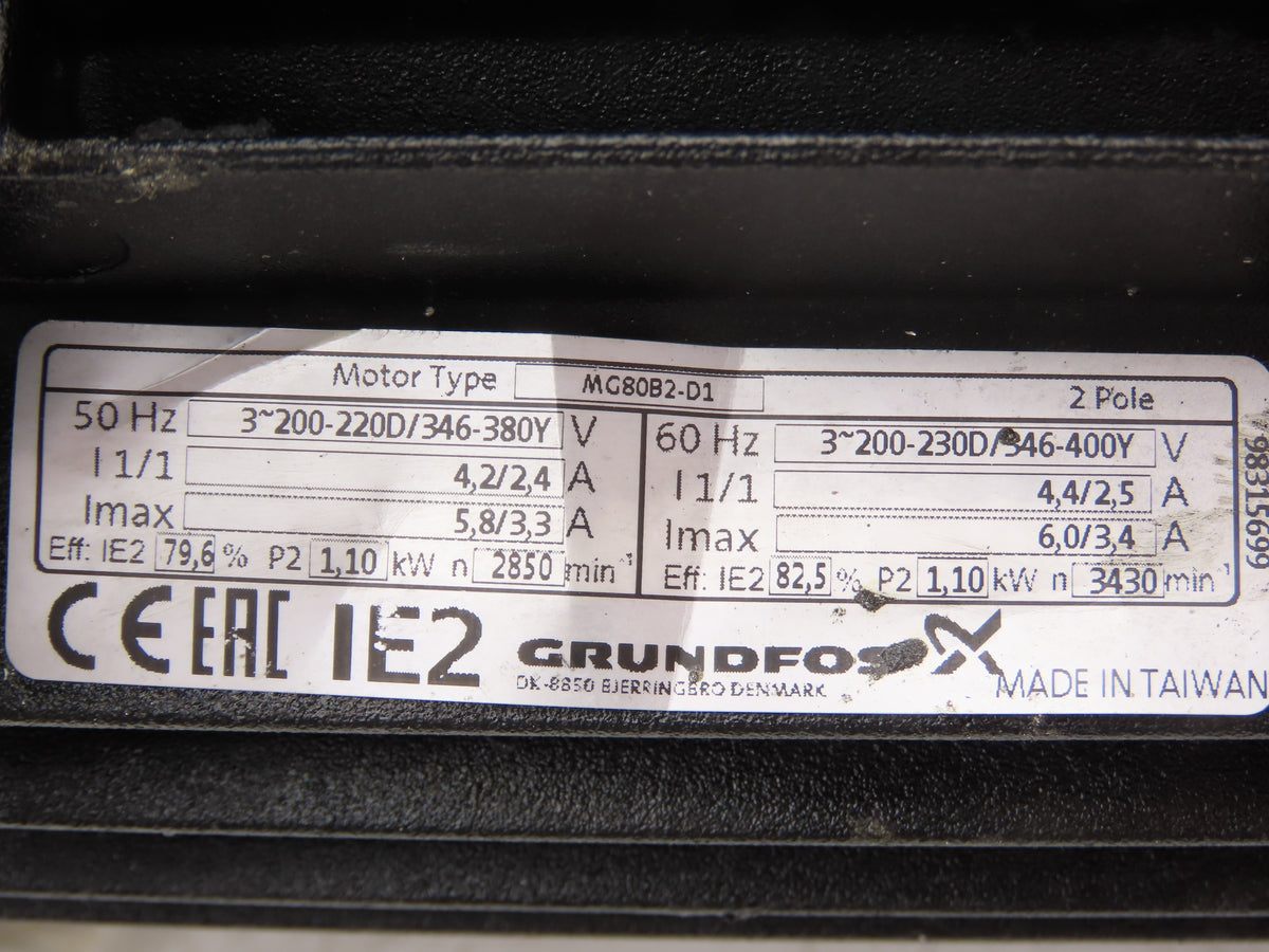 Grundfos MTH2-60/6 A-W-A-AUUV Immersion Coolant Pump 13gpm 1.1kw 230V 3PH