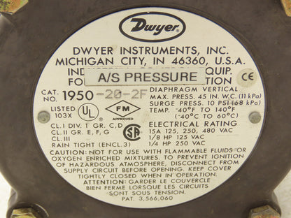 Dwyer 1950-20-2F Explosion Proof Differential Pressure Switch 125-480 VAC 15A