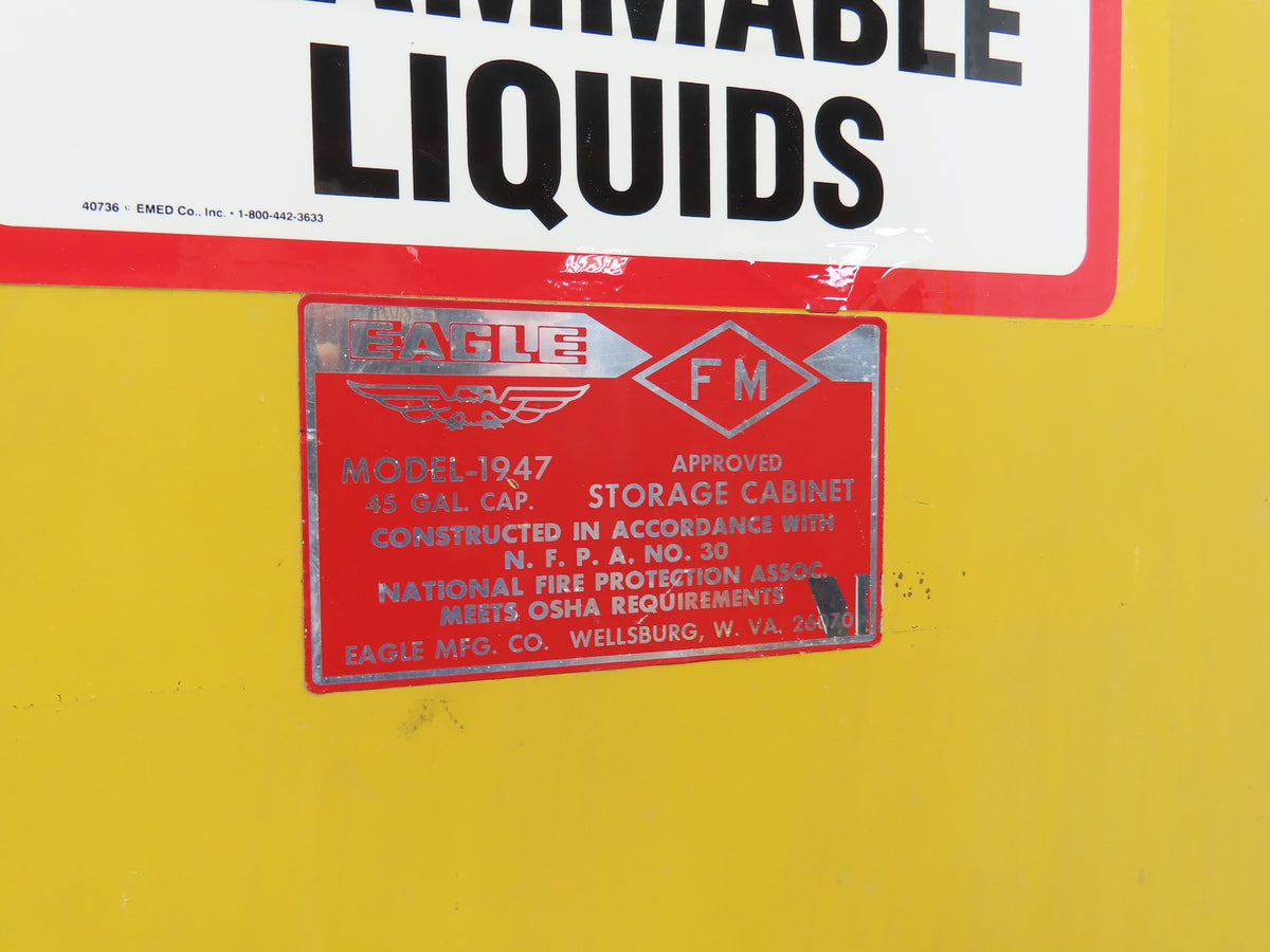 Eagle 1947 Flammable Liquid Safety Cabinet Yellow Dual Door 45 Gal 43x18x66"