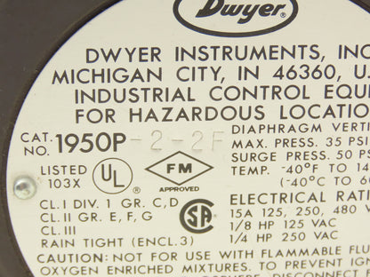 Dwyer 1950P-2-2F Explosion Proof Differential Pressure Switch 125-480 VAC 15A