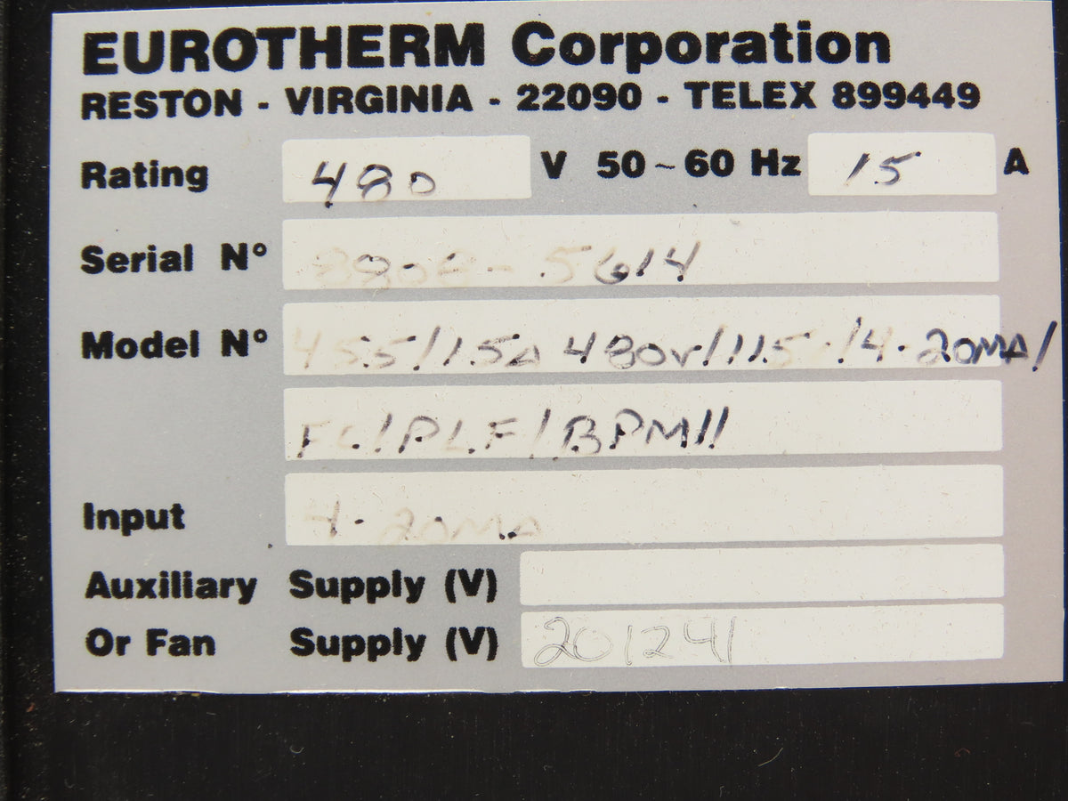 Eurotherm 455/15A 480V/115V/4-20MA/FC/PLF/BPM1/ SCR Power Controller 15A 480V