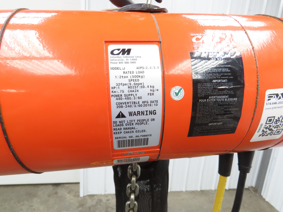 CM Lodestar Model J 1/2 Ton 1000lb Electric Chain Hoist 21' Lift 32 FPM 3PH 480V