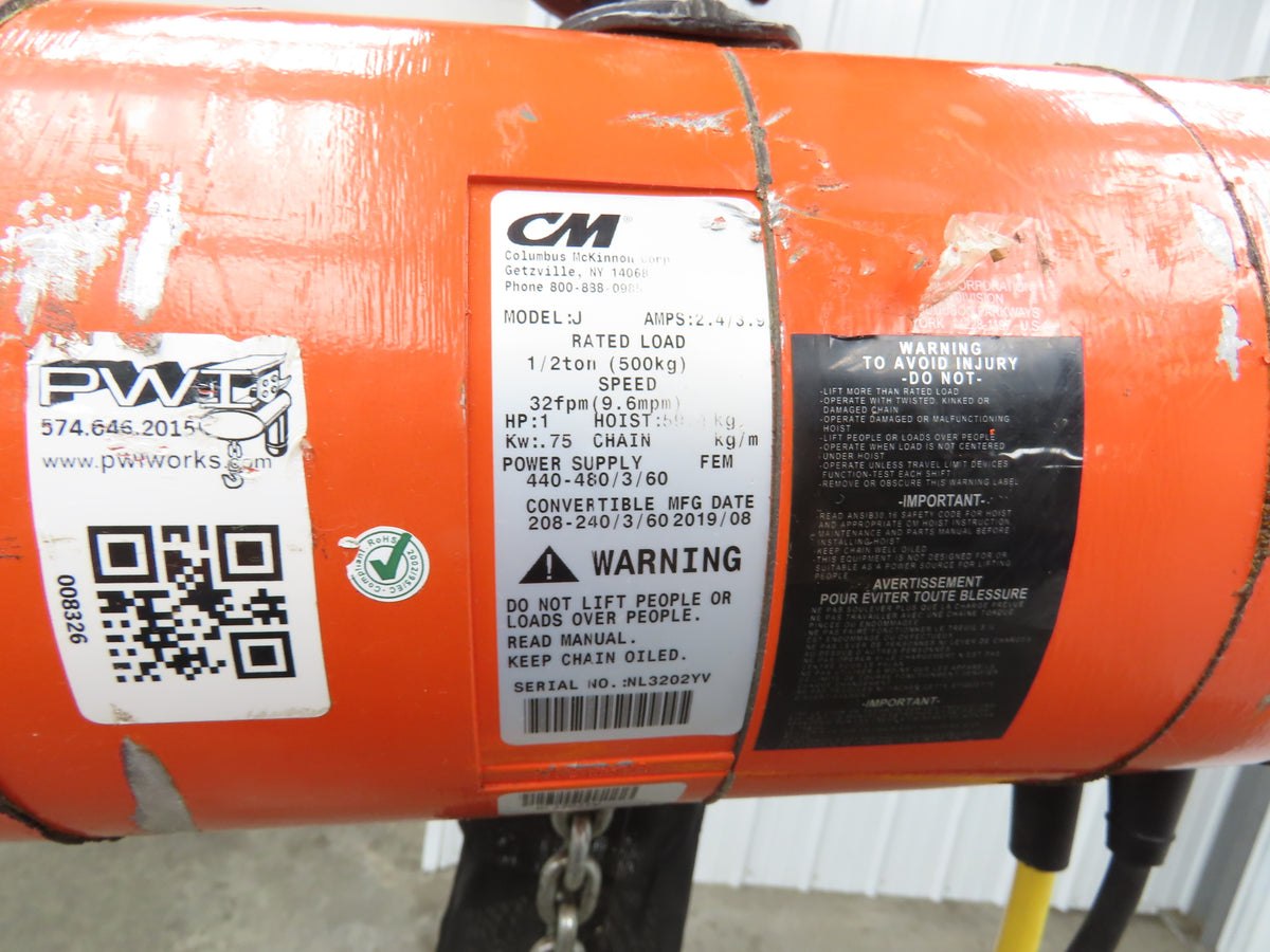 CM Lodestar Model J 1/2 Ton 1000lb Electric Chain Hoist 20' Lift 32 FPM 3PH 480V