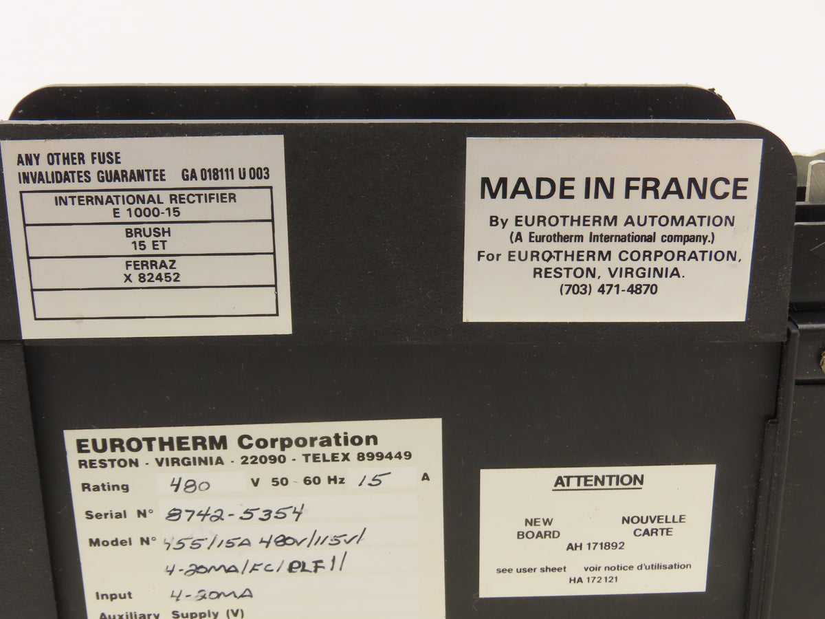 Eurotherm 455/15A 480V/115V/4-20MA/FC/ELF/ SCR Power Controller Thyristor 480V