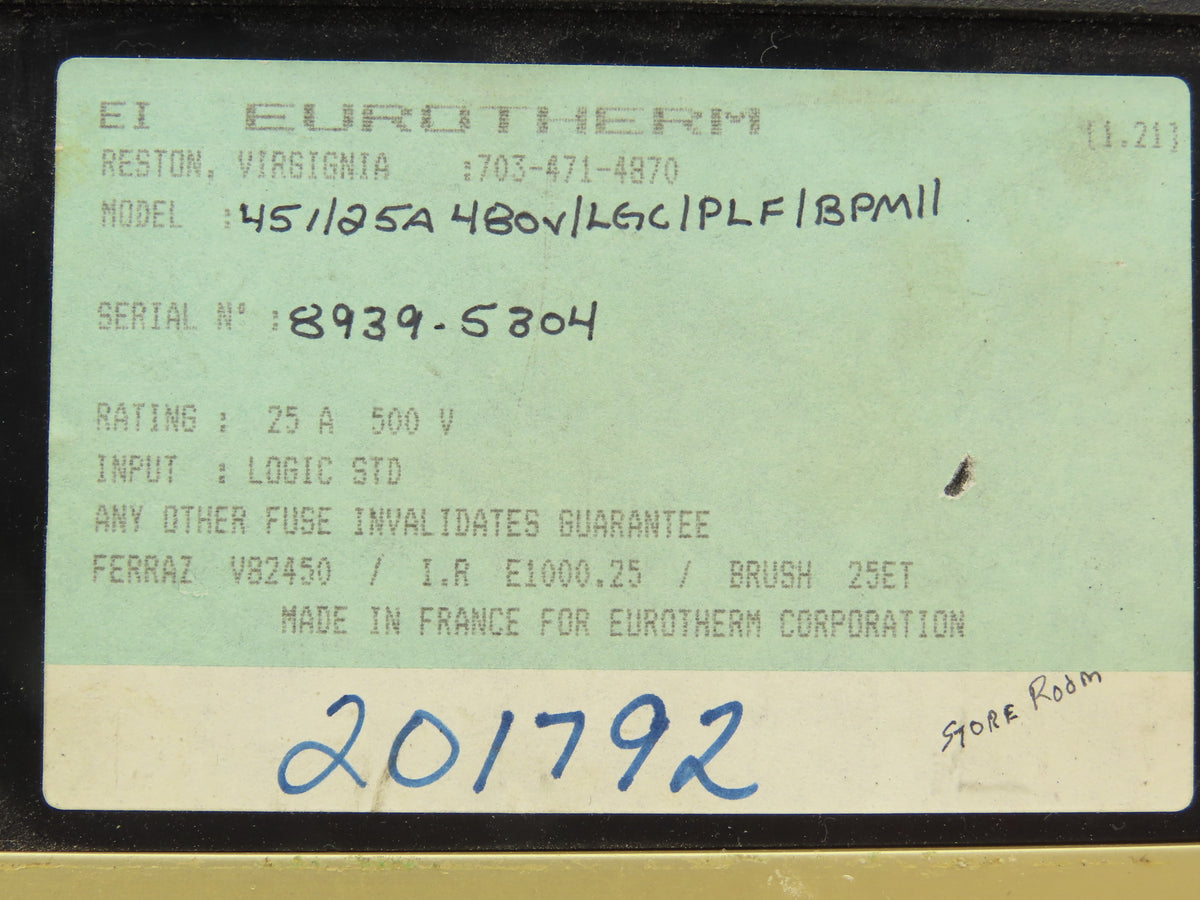Eurotherm 451/25A 480V/LGC/PLF/BPM1/ SCR Power Controller 25A 500 VAC 50-60 Hz