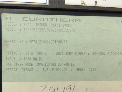 Eurotherm 455/081/29/19/073/001/37/00 SCR Power Controller 15A 500 VAC 50-60 Hz