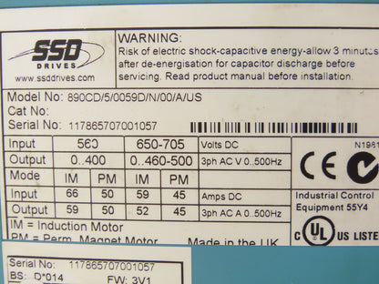 SSD 890CD/5/0059D/N/00/A/US Common Bus Drive 40HP 59A 460V Frame D