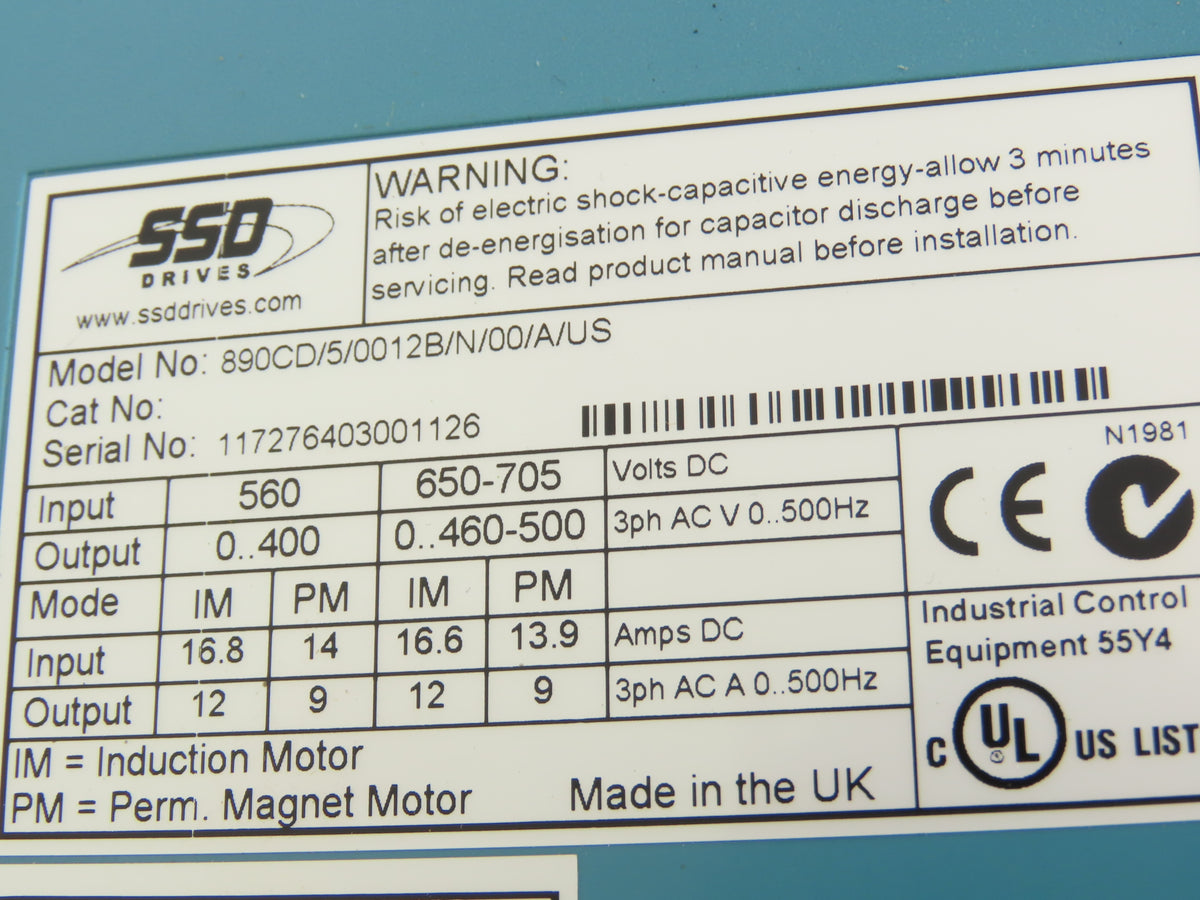 SSD 890CD/5/0012B/N/00/A/US Common Bus Drive 5.5kW 7.5HP 12A Frame B