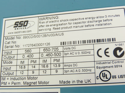 SSD 890CD/5/0012B/N/00/A/US Common Bus Drive 5.5kW 7.5HP 12A Frame B