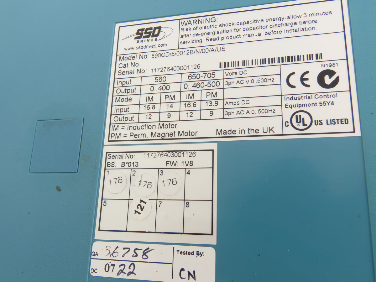 SSD 890CD/5/0012B/N/00/A/US Common Bus Drive 5.5kW 7.5HP 12A Frame B