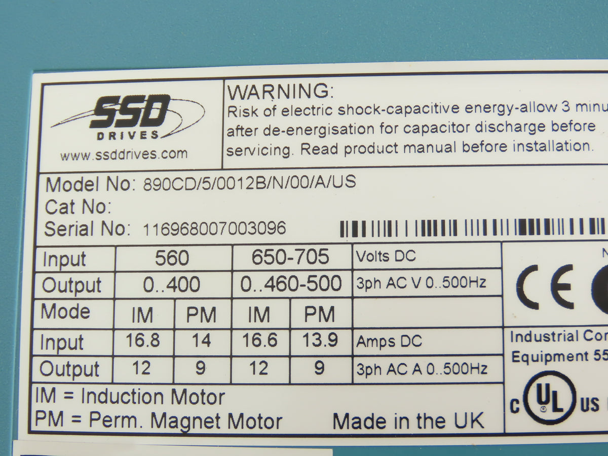 SSD 890CD/5/0012B/N/00/A/US Common Bus Drive 5.5kW 7.5HP 12A Frame B