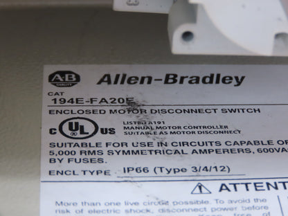 Allen Bradley 194E-FA20E Enclosed Rotary Disconnect Load Switch 230-690 VAC 3Ph