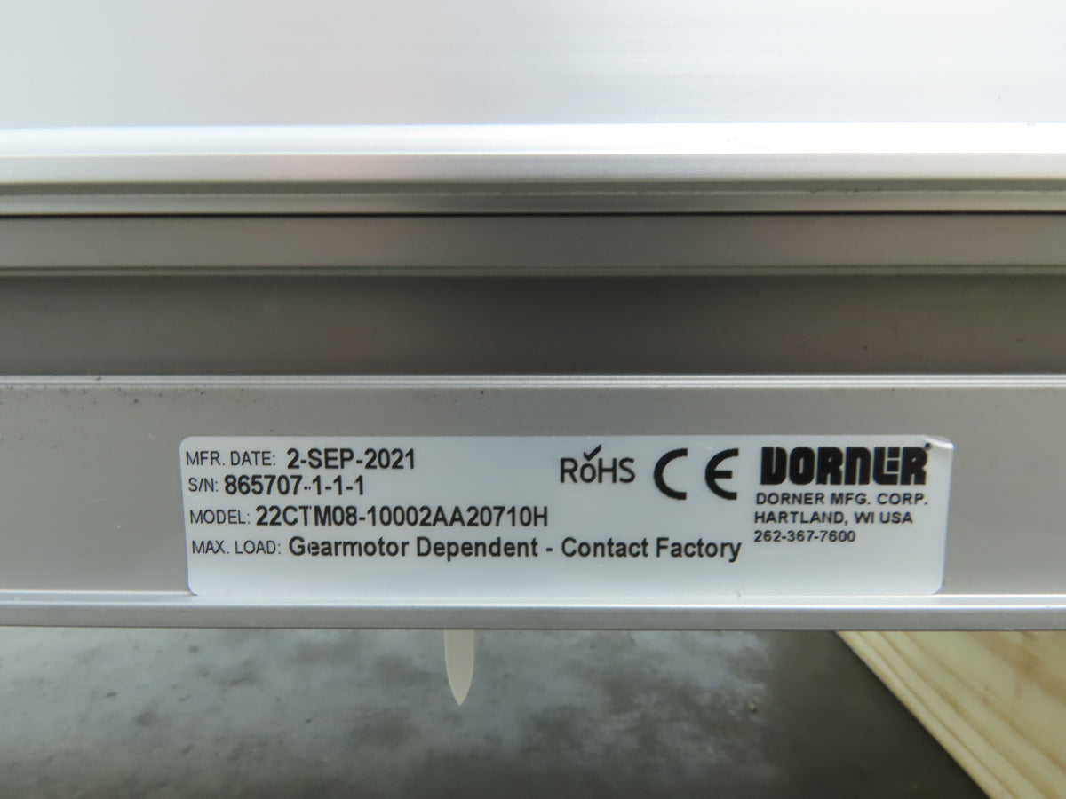 Dorner 2200 Series 8"x 10' Cleated Belt Conveyor -No Drive 22CTM08-10002AA20710H