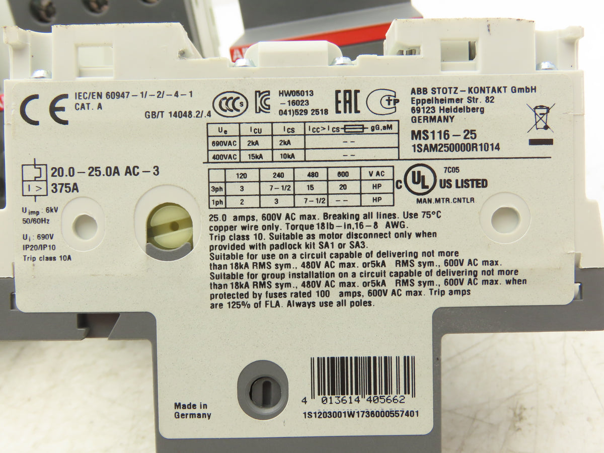 ABB MS116-25 Manual Motor Starter Circuit Breaker 20-25A Trip Class 10 Lot of 4